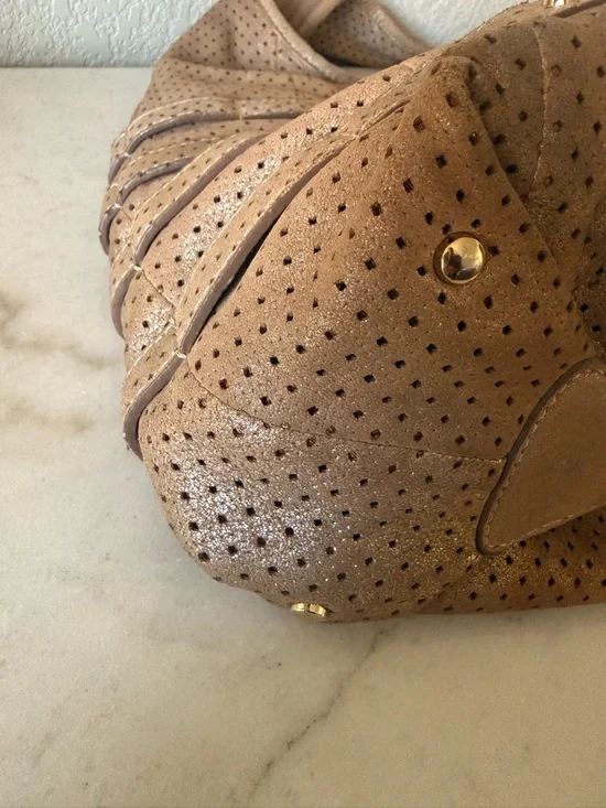 Jimmy Choo Bardia Perforated Shimmer Suede Buckle Strap Hobo Shoulder Bag - Picture 10 of 14